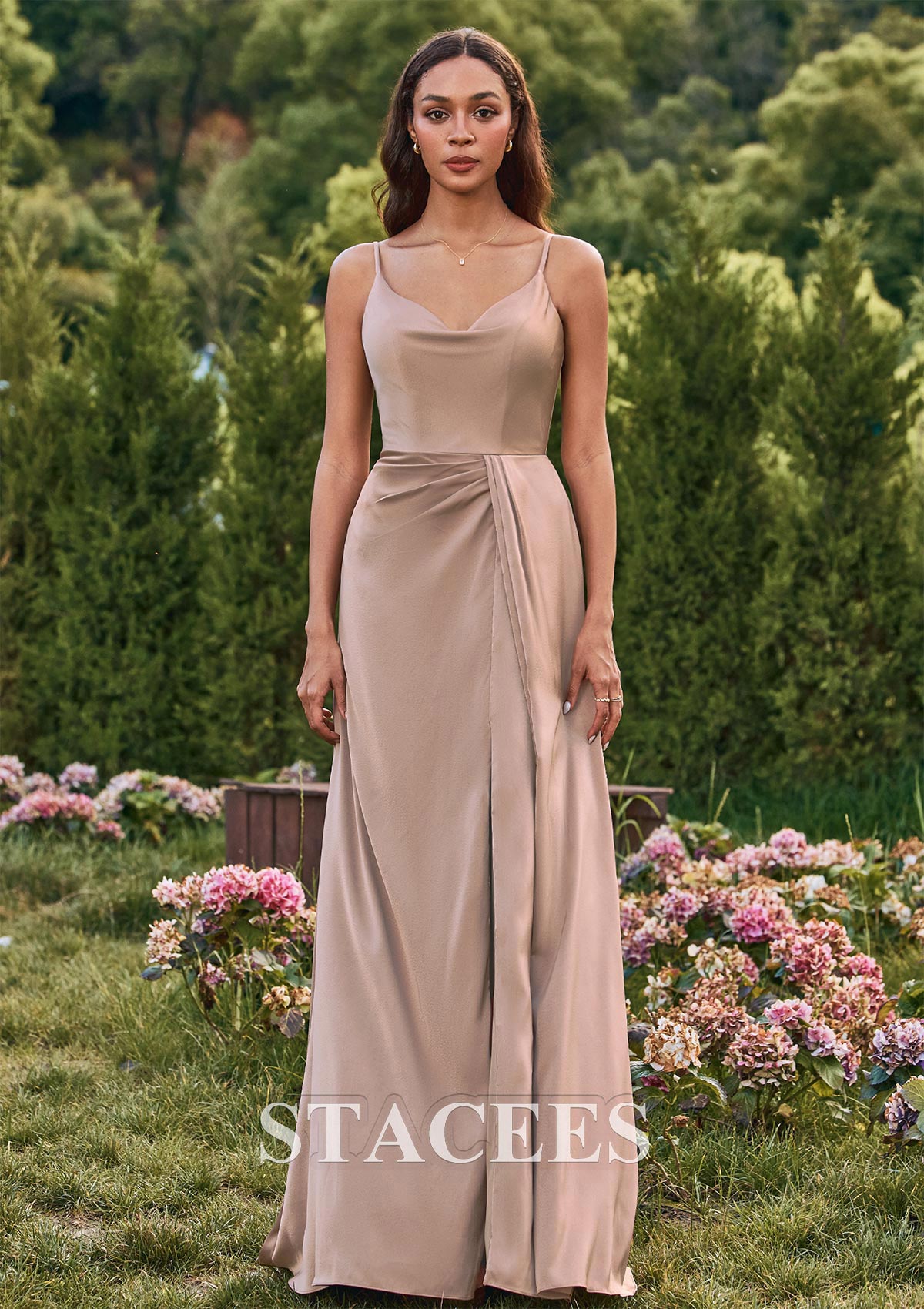 satin cream bridesmaid dresses Stacees A-line Cowl Neck Stretch Satin Long Bridesmaid Dresses with Slit