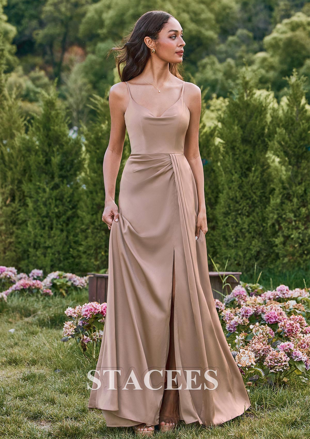 peau de soie bridesmaid dresses Stacees A-line Cowl Neck Stretch Satin Long Bridesmaid Dresses with Slit