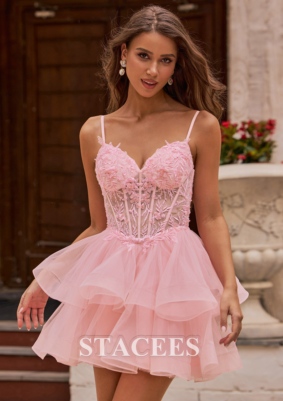 hoco cocktail dresses A-line Sparkly Embellished Corset Tiered Tulle Homecoming Dress with Appliqued Beading Ruffles Sequins S8597H - Homecoming Dresses