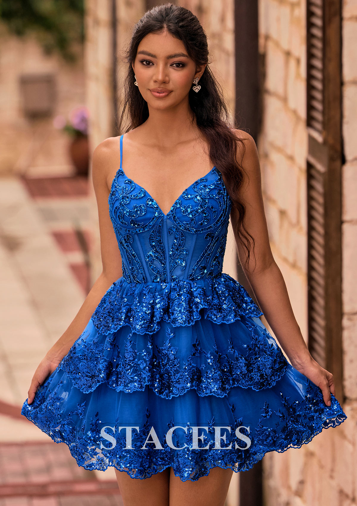 blue lace a line dress La Femme 32612 - Long Beaded Lace A-line Dress