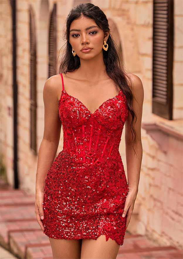 Fitted Sequin Lace Corset Homecoming Dress
