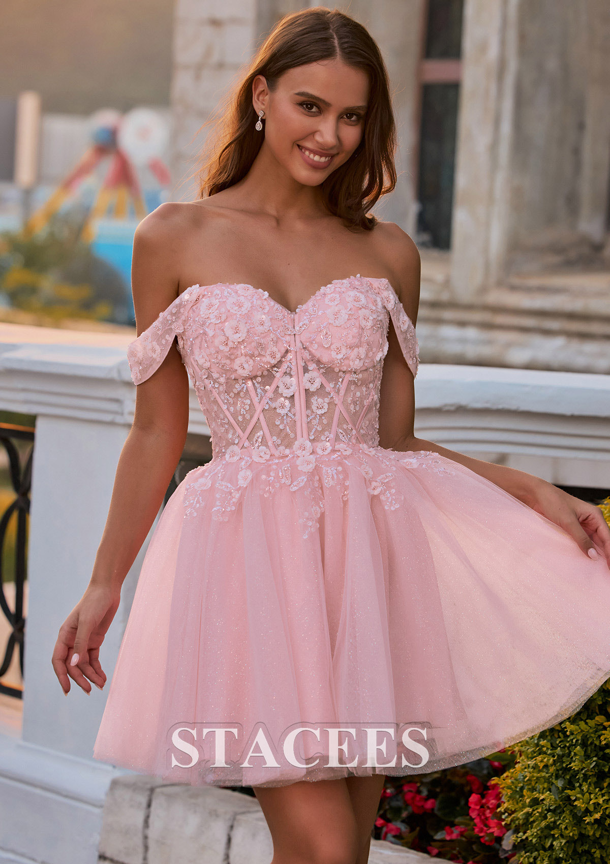 pink a line hoco dress Stacees Grape Floral Corset Homecoming Dress Short Mini Strapless Tiered Ruffle Ships in 48hrs