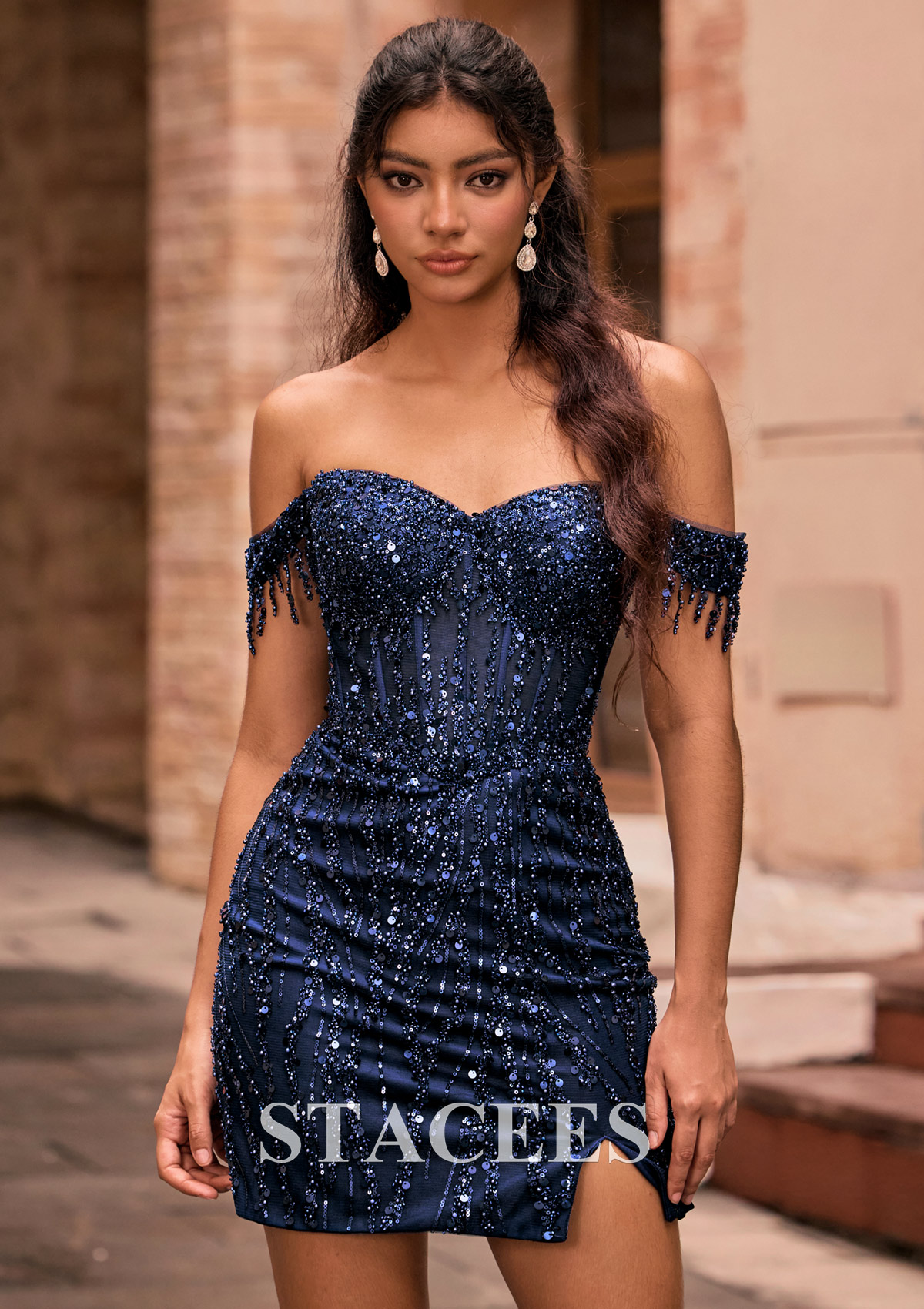 Dark Navy Fringe Off-the-Shoulder Beaded Sequin Homecoming Dress with Slit - STACEES