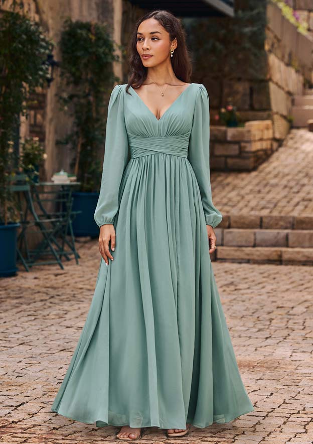 rosemary bridesmaid dresses Rosemary Graceful V Neck Ruched Maxi Sheath Chiffon Bridesmaid Dresses