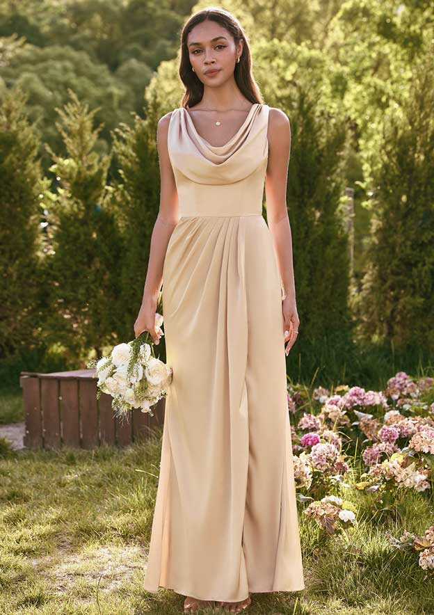 beige bridesmaid dresses Dress, Bridesmaid Dresses, Satin Gold Silk Bridesmaid Dress Champaign Nude Fall Dress Long Multiway Infinity Wrap Dress a flattering low draped back Stacees Champagne Cowl Neck Bridesmaid