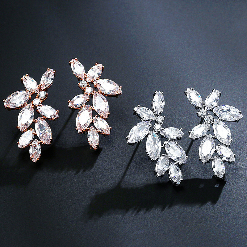 Silver Attractive Stylish Female Copper Leaves Earrings with Cubic Zirconia - STACEES