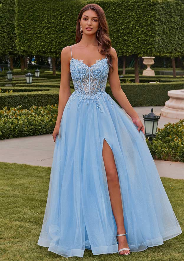 A-line Floral Embroidered Sheer Corset Spaghetti Strap Prom Dress with Slit 