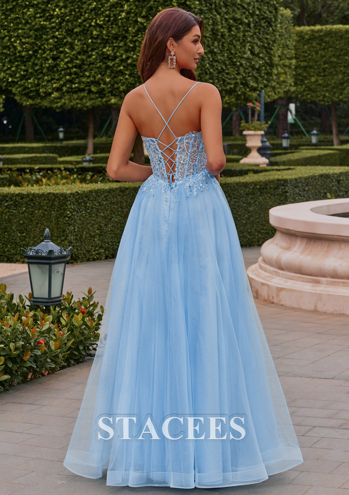 Azul Cielo Vestido línea a escote en v tul hasta el suelo vestido de graduación - STACEES