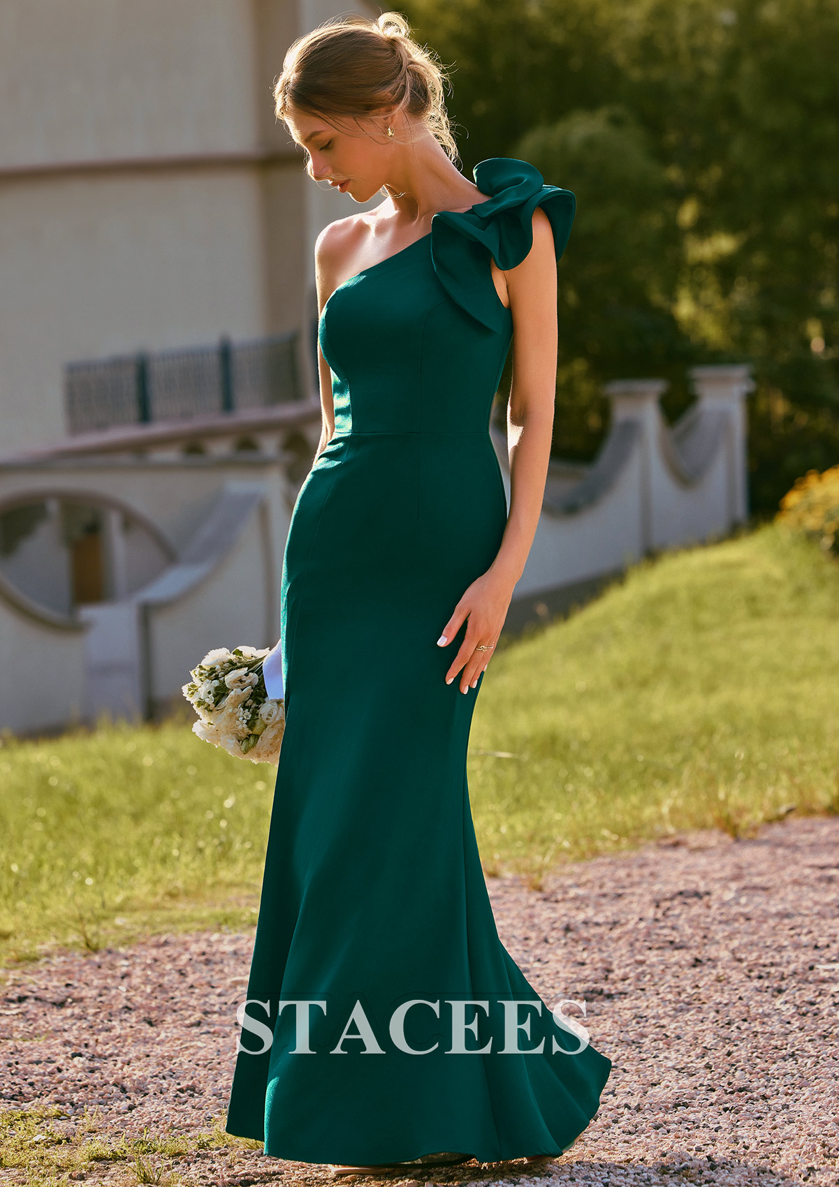 Dark Green Ruffle Flowy One-Shoulder Stretch Crepe Bodycon Mermaid Bridesmaid Dress with Slit