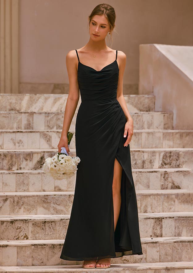 sheath/column cowl neck sleeveless chiffon bridesmaid dresses with pleated split Sheath Cowl Neck Pleated Chiffon Floor-Length Bridesmaid Dress with Slit  S6091B - Bridesmaid Dresses