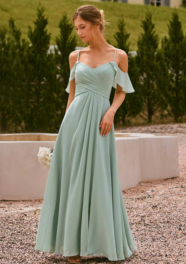 cold shoulder crinkle chiffon bridesmaid dress A-line Ruffle Cold Off-the-Shoulder Ruched Chiffon Floor-Length Bridesmaid  Dress with Slit S6093B - Bridesmaid Dresses