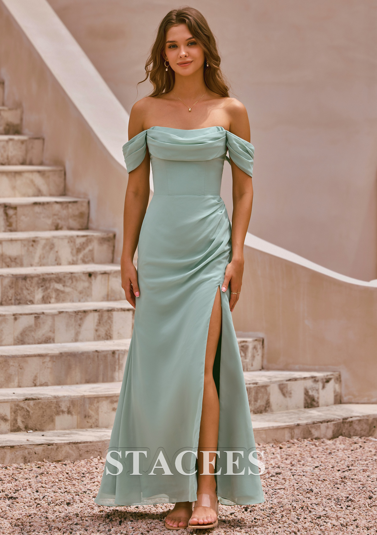 chiffon dress slit Sawyer Flowing V Neck Ruffles Slit Chiffon Dresses, Desert Rose