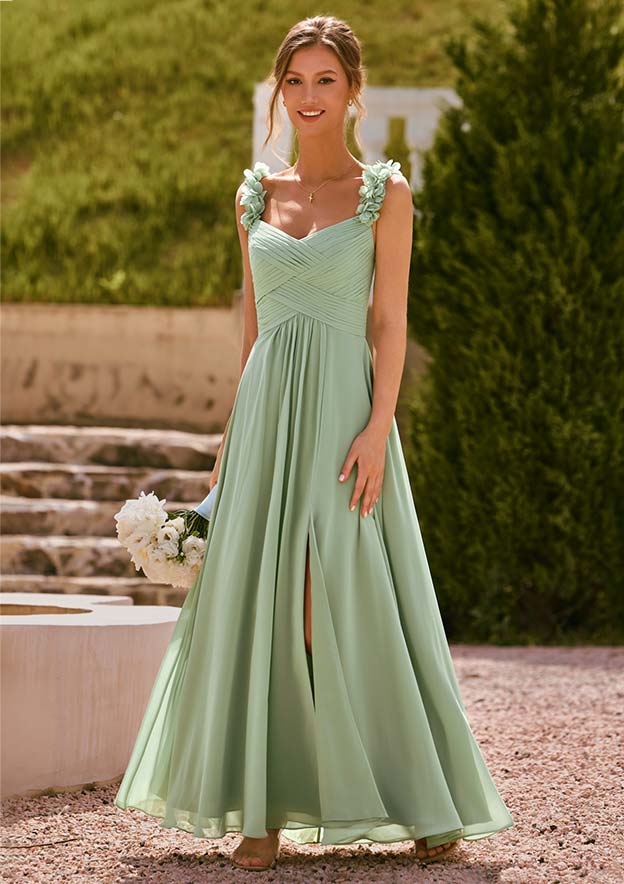 ruched bodice bridesmaid dress A-line Chiffon Floor-Length Slit with Shoulder Flowers S6128B - Bridesmaid Dresses pulled out my 7 Product ID:ADAE211301_AA371_M spaghetti straps and self Color:Myck_Blk