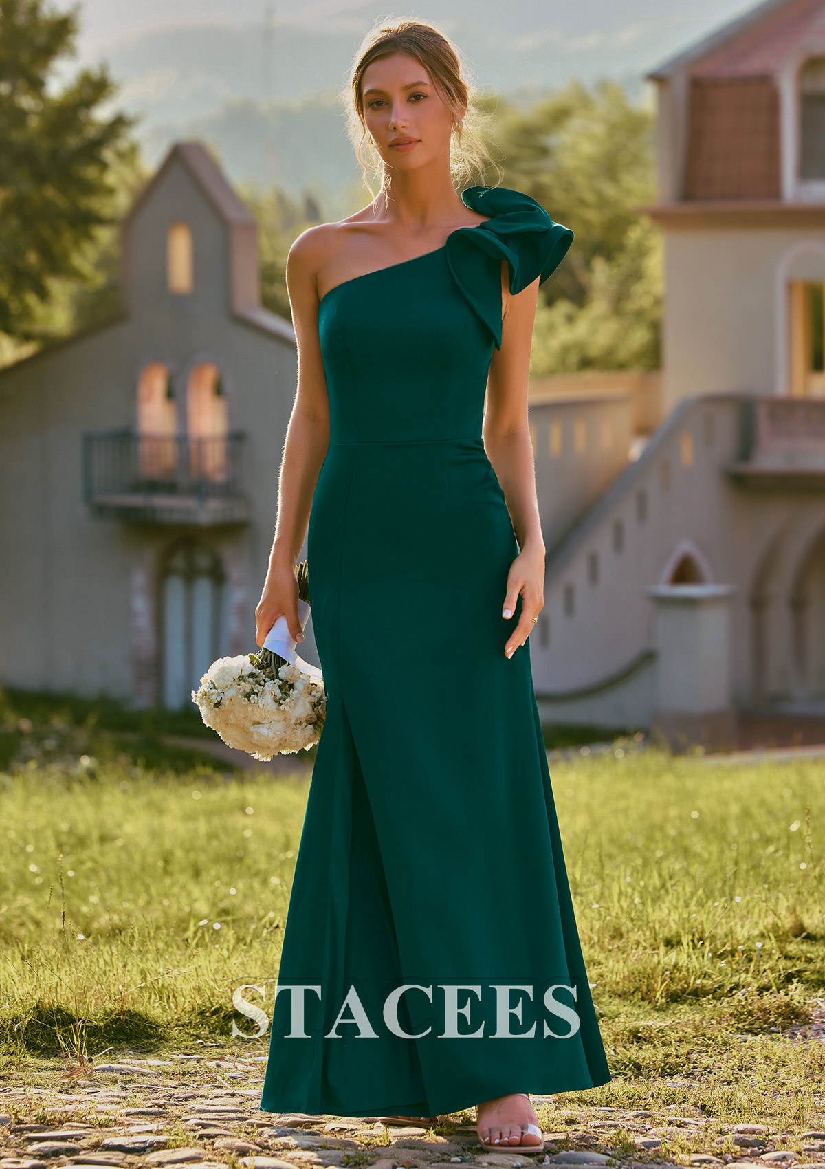 Dark Green Ruffle Flowy One-Shoulder Stretch Crepe Bodycon Mermaid Bridesmaid Dress with Slit