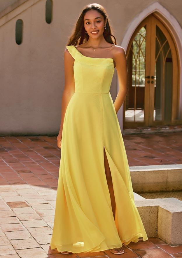 yellow chiffon bridesmaid dress Dresses for Junior Wedding Party and sunlit outdoor celebrations One Shoulder Yellow Chiffon Bridesmaid
