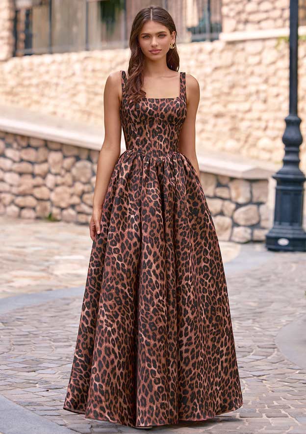 Leopard Print A-line Square Neckline Prom Dress with Pockets