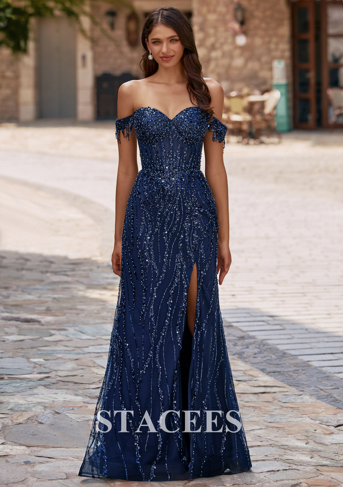 Dark Navy Fitted Tassel Off-the-Shoulder Beaded Sequined Prom Dress with Slit - STACEES