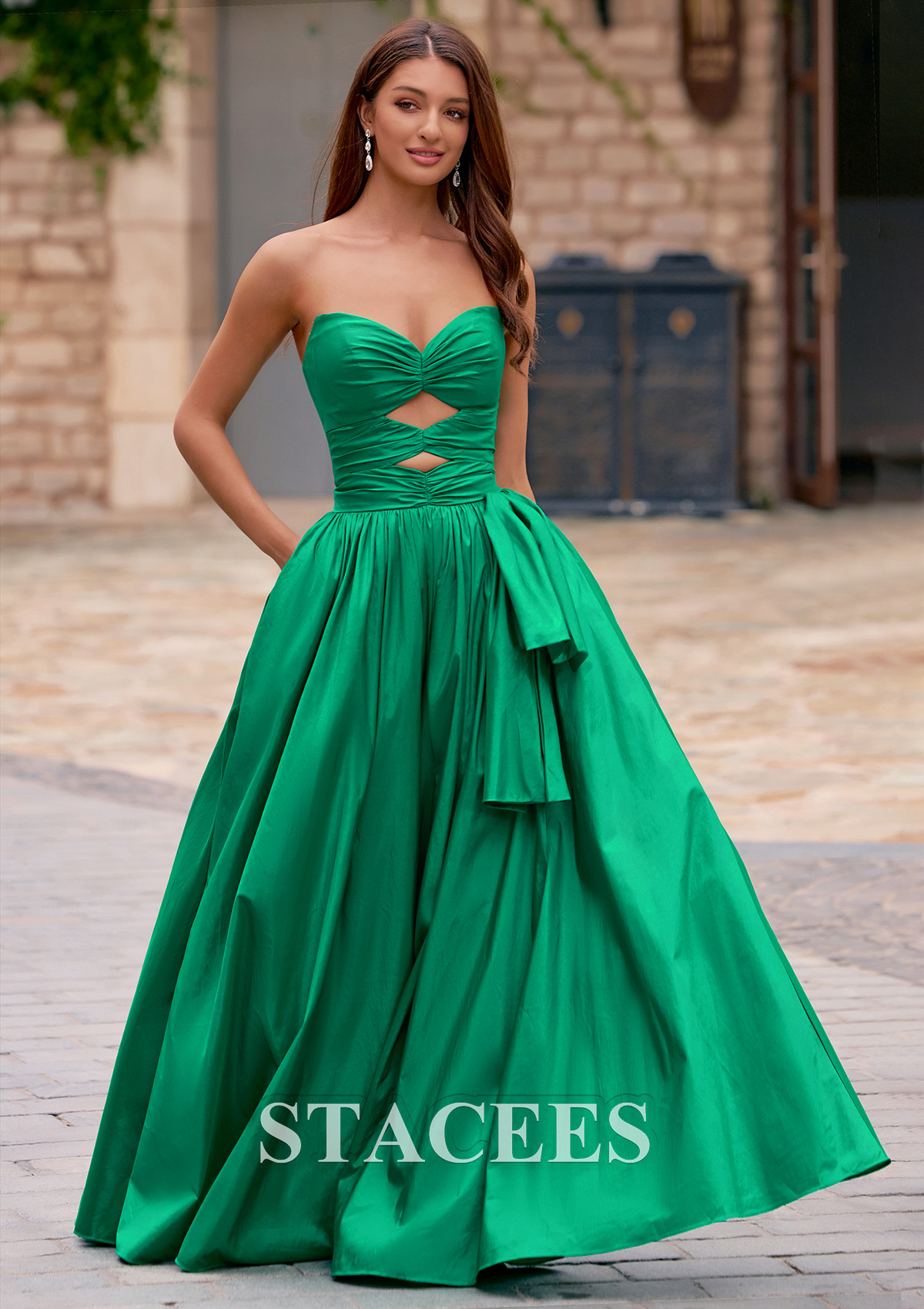 As Picture A-line Ruched Strapless V Neck Cutout Corset Taffeta Prom Dress - STACEES