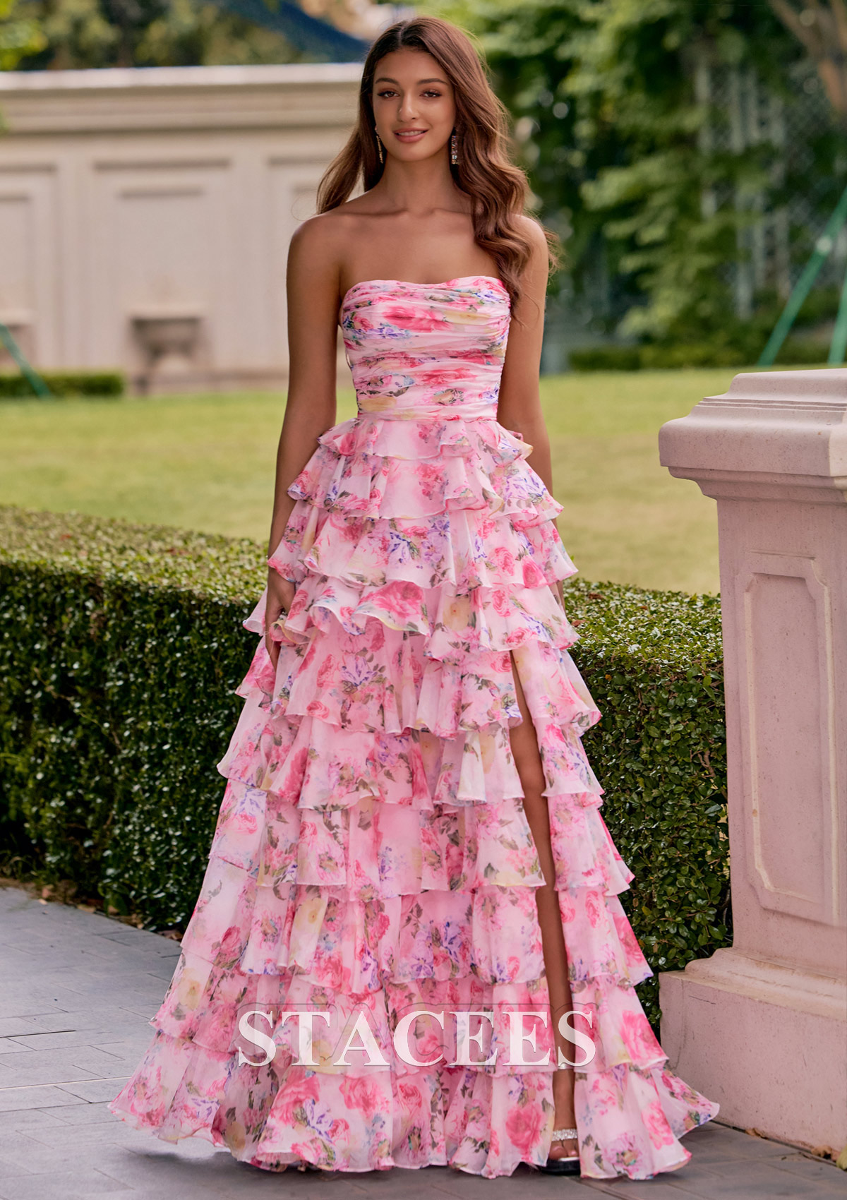 chiffon floor length prom dress Stacees 2026 A-Line Pink Floral Print Strapless Ruffle Prom Dress