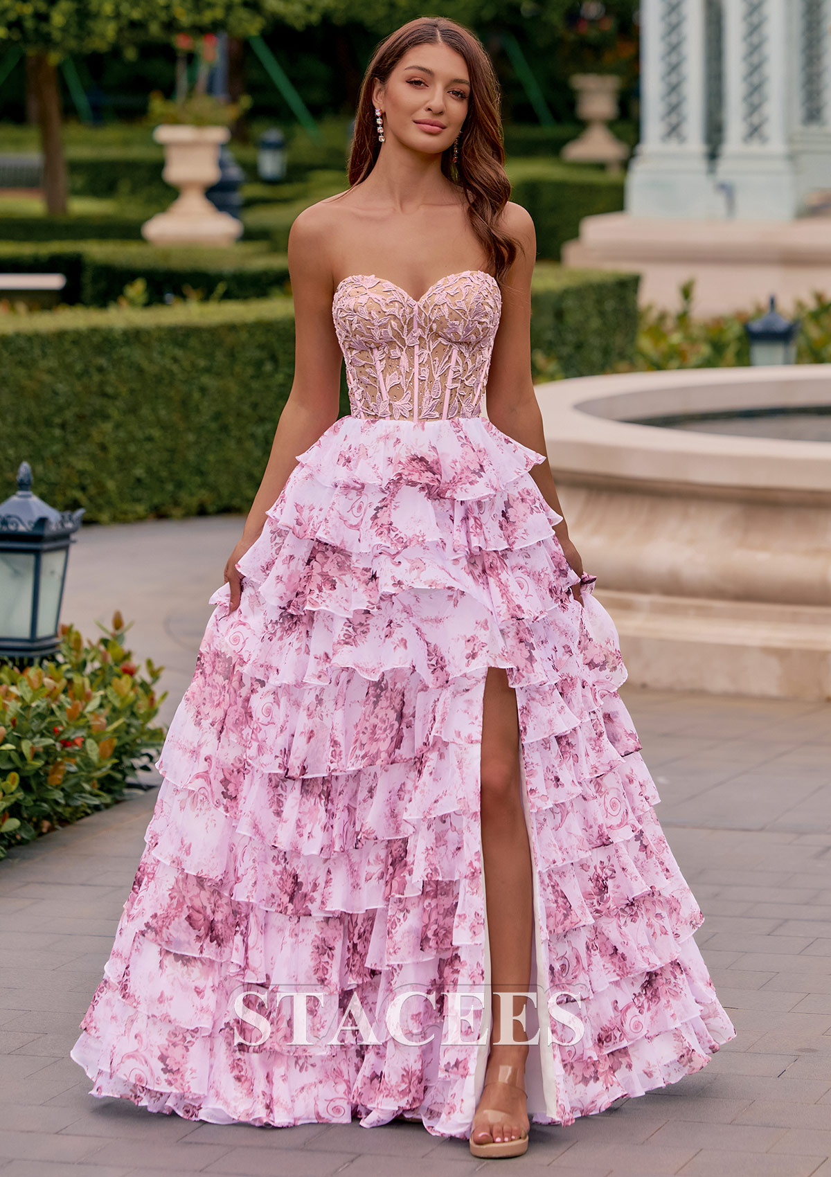 Blushing Pink Floral Floral Print A-line Strapless Beaded Lace Corset Ruffle Prom Dress with Slit - STACEES