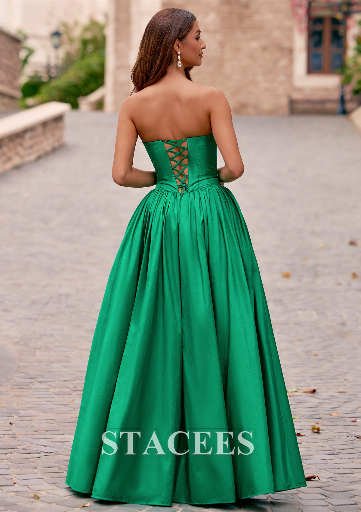 As Picture A-line Ruched Strapless V Neck Cutout Corset Taffeta Prom Dress - STACEES