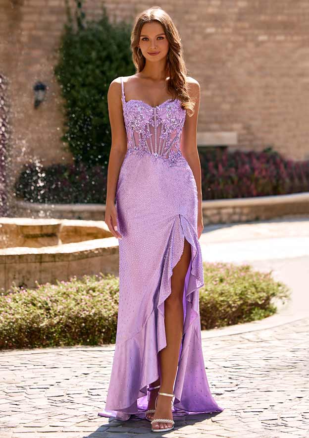 Fitted Embellished Sweetheart Corset Hot Fix Ruffle Prom Dress with Slit