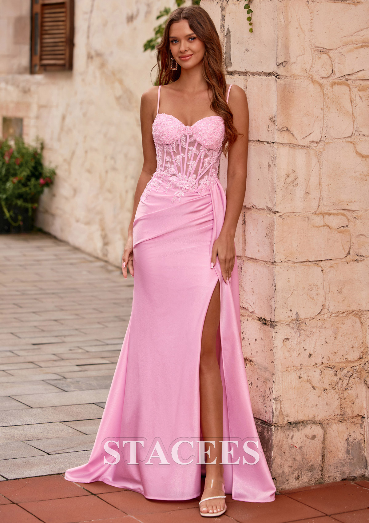 pink dress with slit on side Beautiful Pink Tulle Lace A-line Backless Long Prom Dresses With Side Slit,  MP694