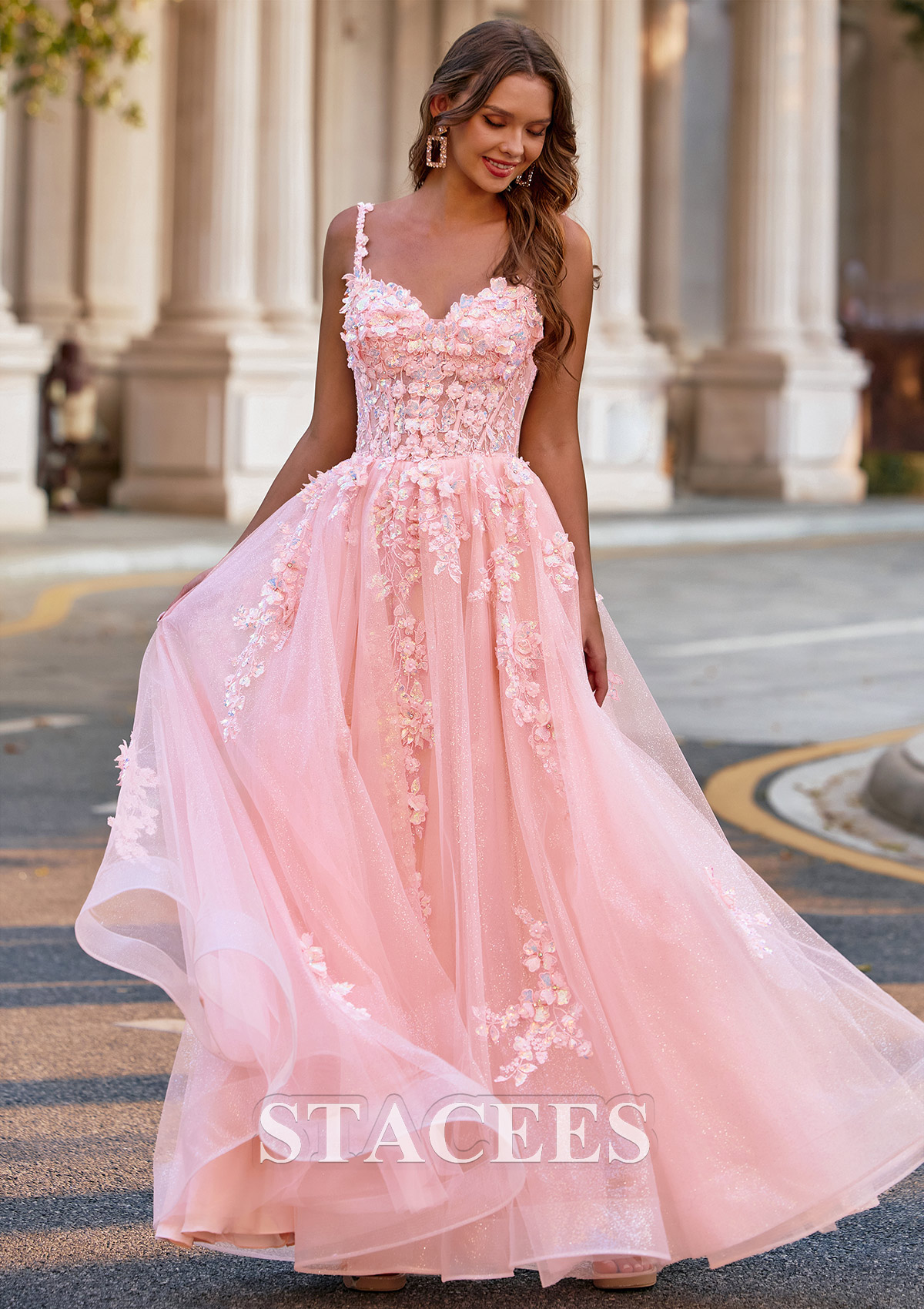stacees prom dress Stacees 2026 Prom Dress Ivory A-line V Neck Tulle Appliqued Glitter