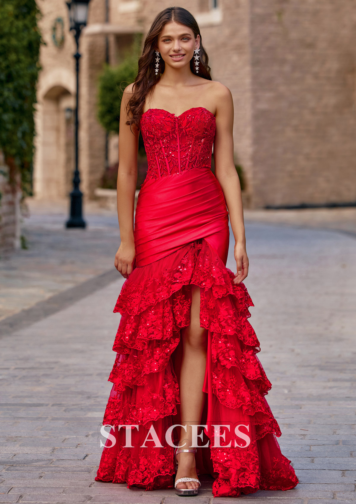 Red Strapless Sequins Lace Tiered Ruffle Mermaid Slit Prom Dress