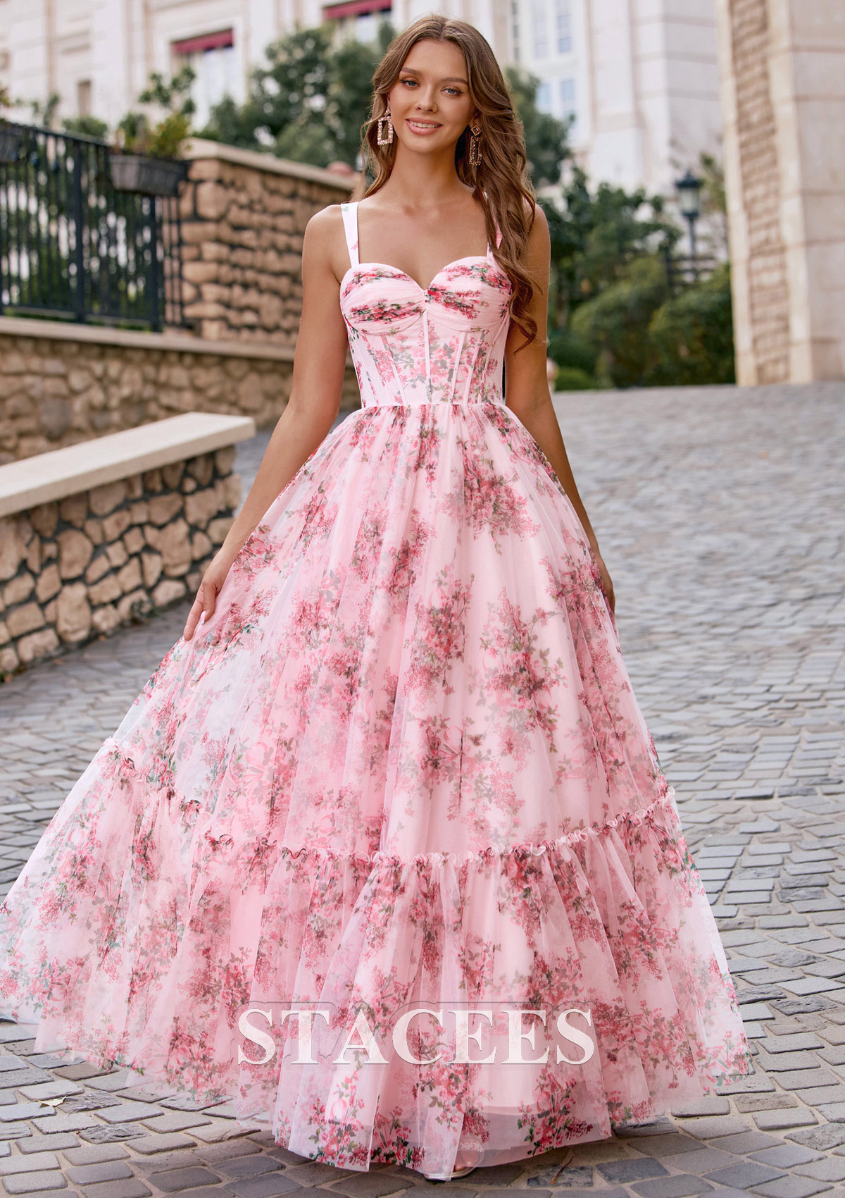 floral print sweetheart neck lace up backless ruffle trim dress Floral Print Mermaid Gown with Lace-Up Back 48332