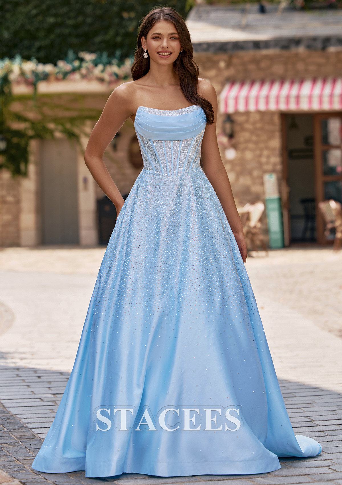 Sky Blue Sparkling A-line Strapless Ruched Corset Hot Fix Satin Prom Dress with Pockets
