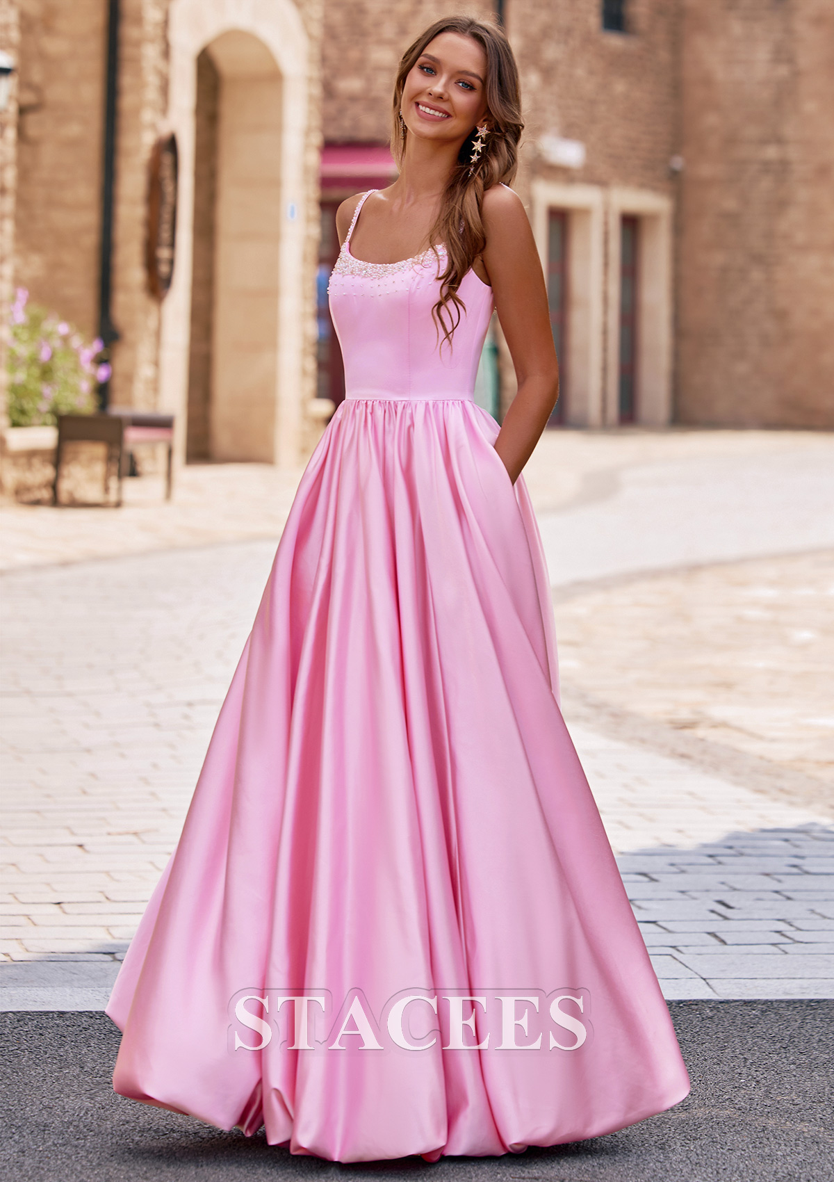 Candy Pink Ball Gown Beads Spaghetti Strap Bodice Bubble Hem Prom Dress with Pockets - STACEES