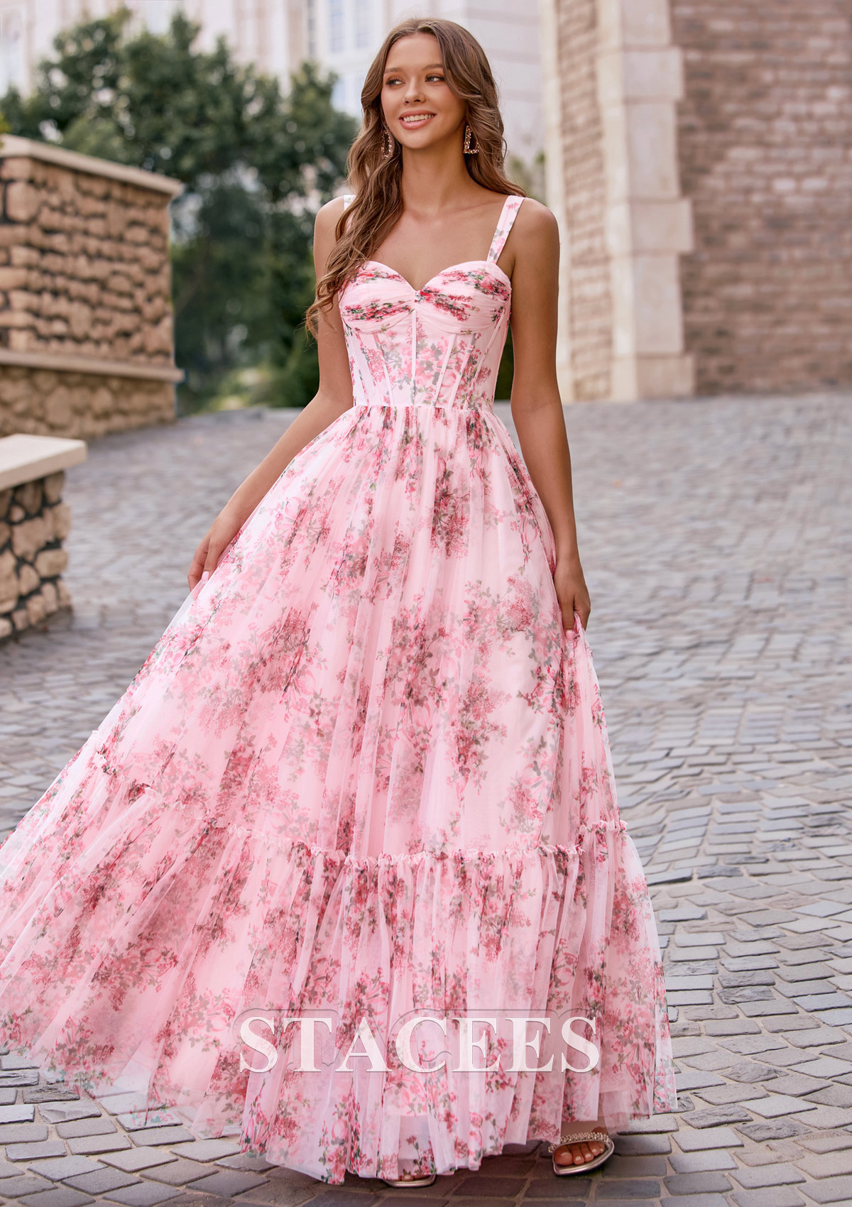 Blushing Pink Floral Floral Print Sweetheart Corset A-Line Tulle Floor-Length Prom Dress with Ruffles - STACEES