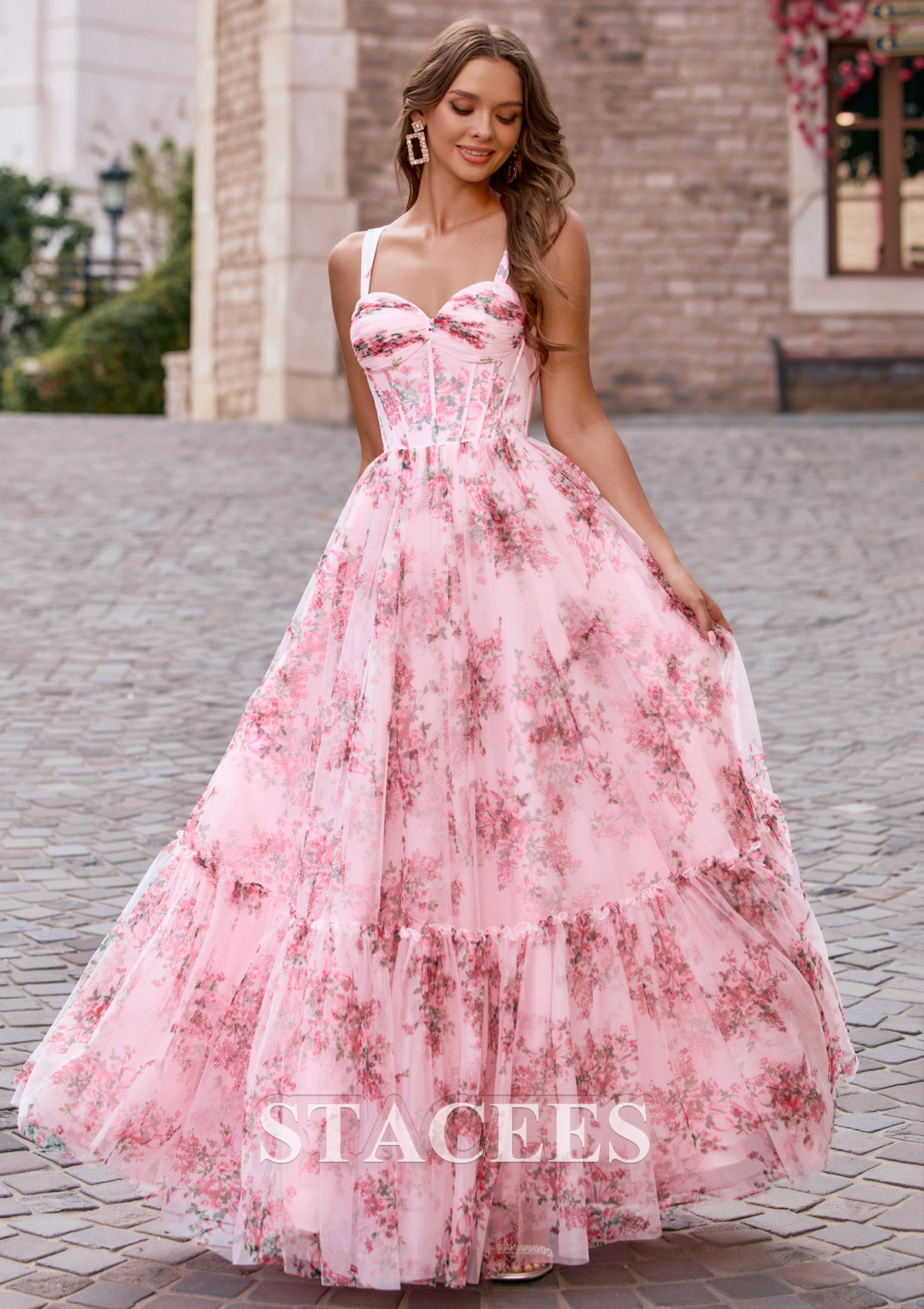 Blushing Pink Floral Floral Print Sweetheart Corset A-Line Tulle Floor-Length Prom Dress with Ruffles - STACEES