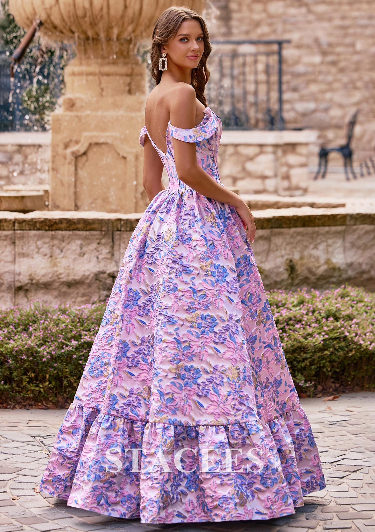 Pink Lilac Floral Trapèze robe princesse épaule dénudée brocart longueur ras du sol robe de bal avec volants imprimé floral - STACEES