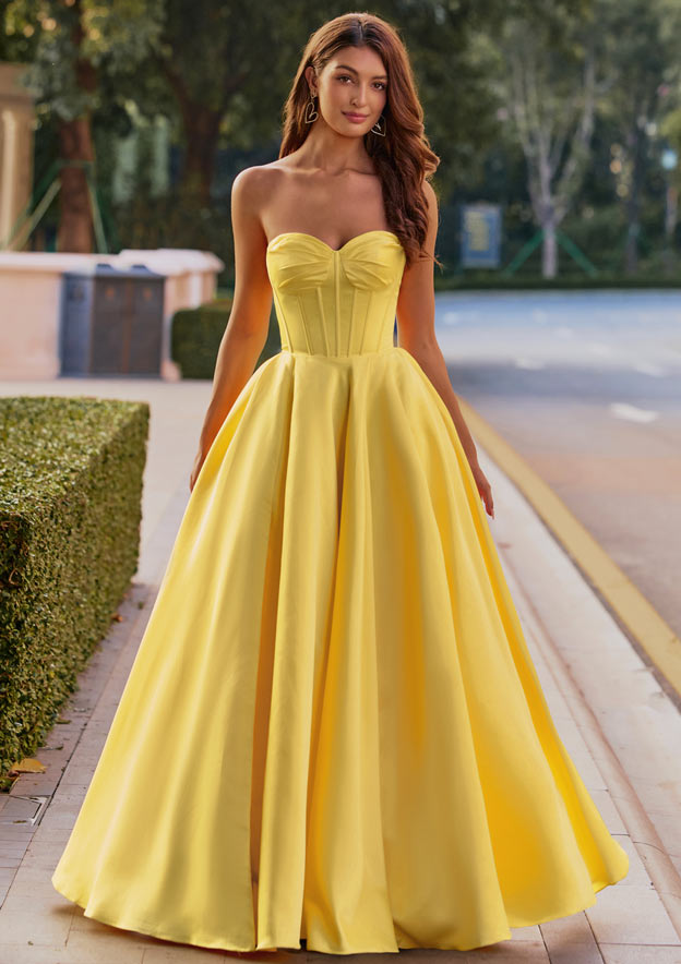 A-line Strapless Boned Corset Satin Slit Prom Dress with Pockets