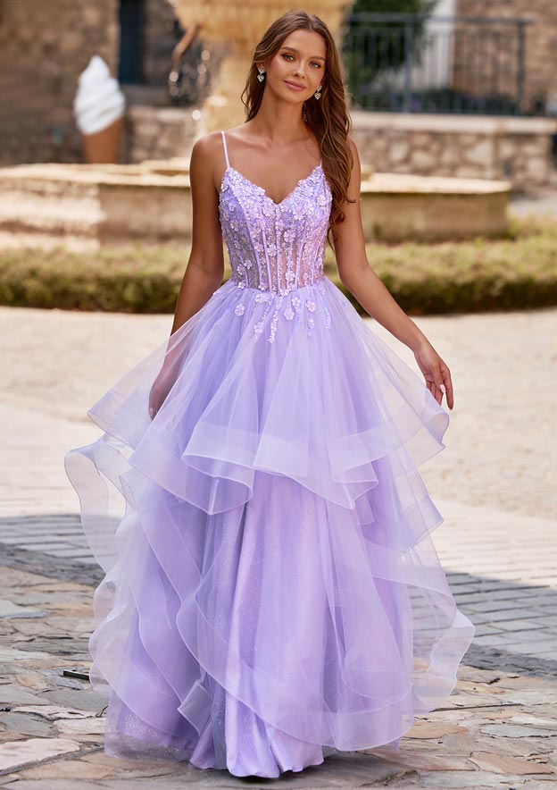 Spaghetti Strap A-Line Floral Embroidery Corset Ruffled Prom Dress