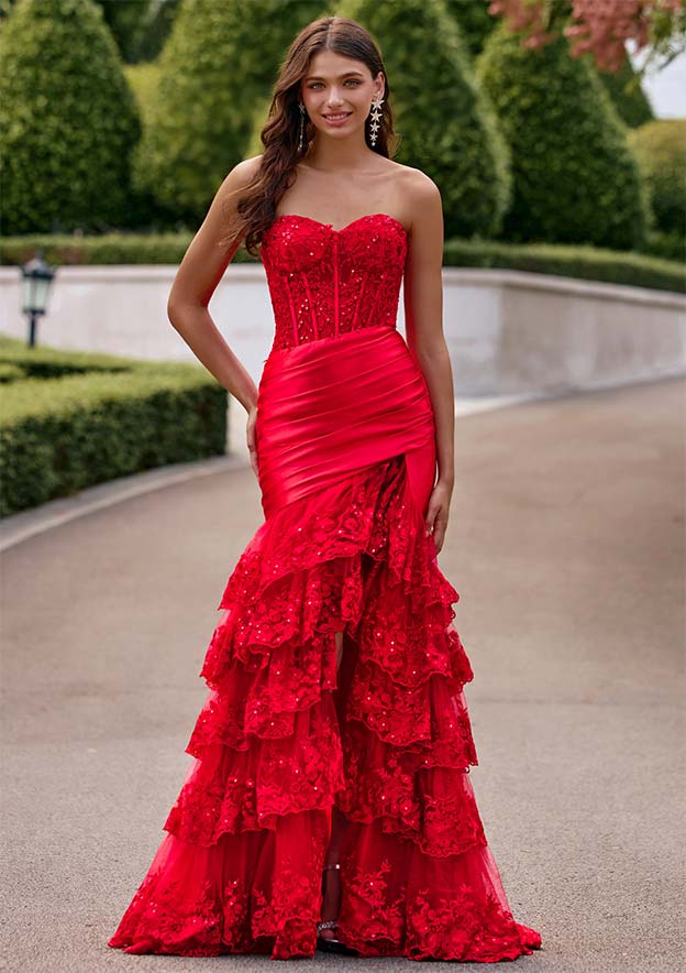 Strapless Sequins Lace Tiered Ruffle Mermaid Slit Prom Dress