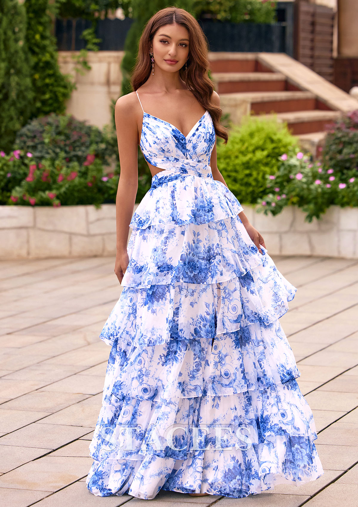 colorful dress formal Stacees 2026 Floral Print Strapless Ruched Corset Ruffle Prom Dress with Slit