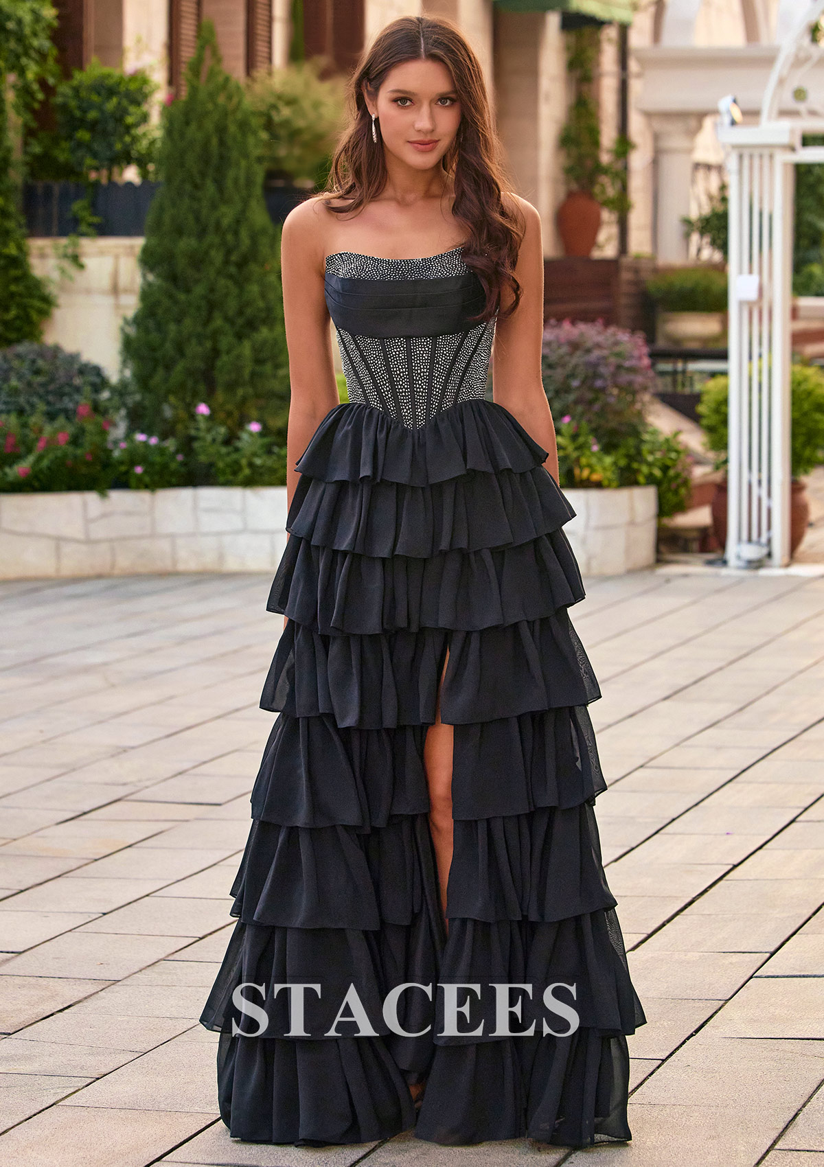 Strapless Ruched A-line Hotfix Corset Tiered Ruffle Chiffon Prom