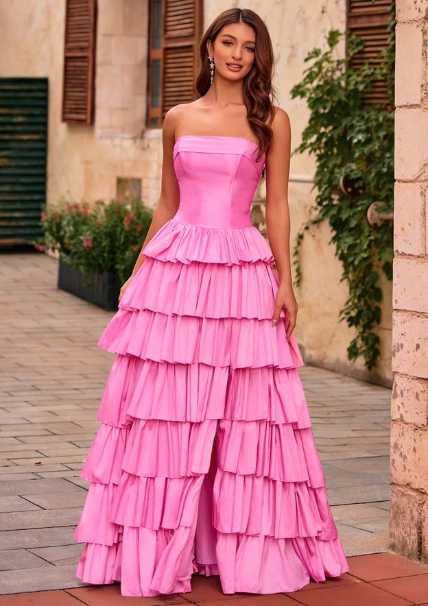 A-line Strapless Tiered Ruffle Taffeta Backless Prom Dress with Slit