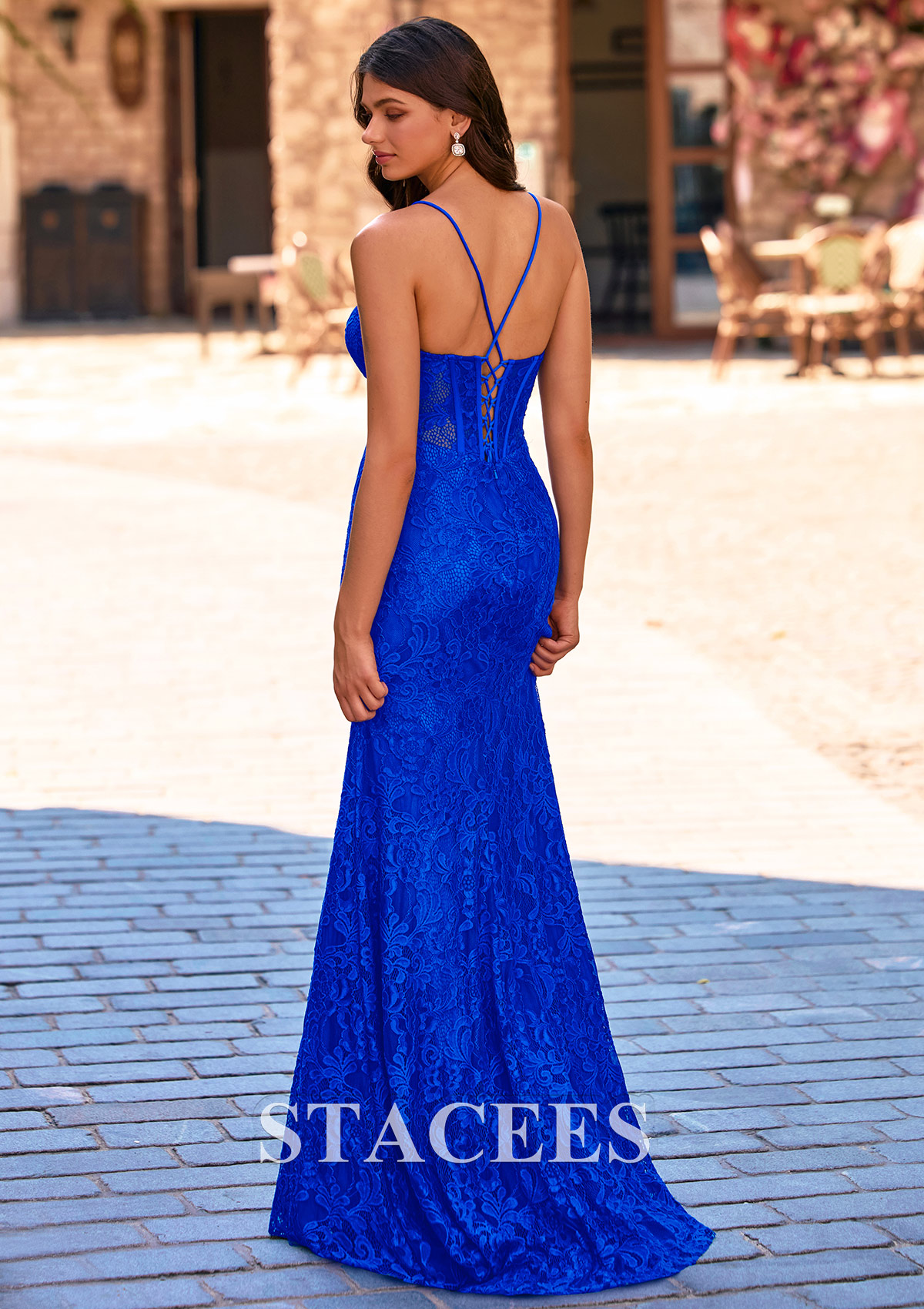 Ocean Blue Sheath Lace Spaghetti Strap Prom Dress with Lace-Up Back - STACEES