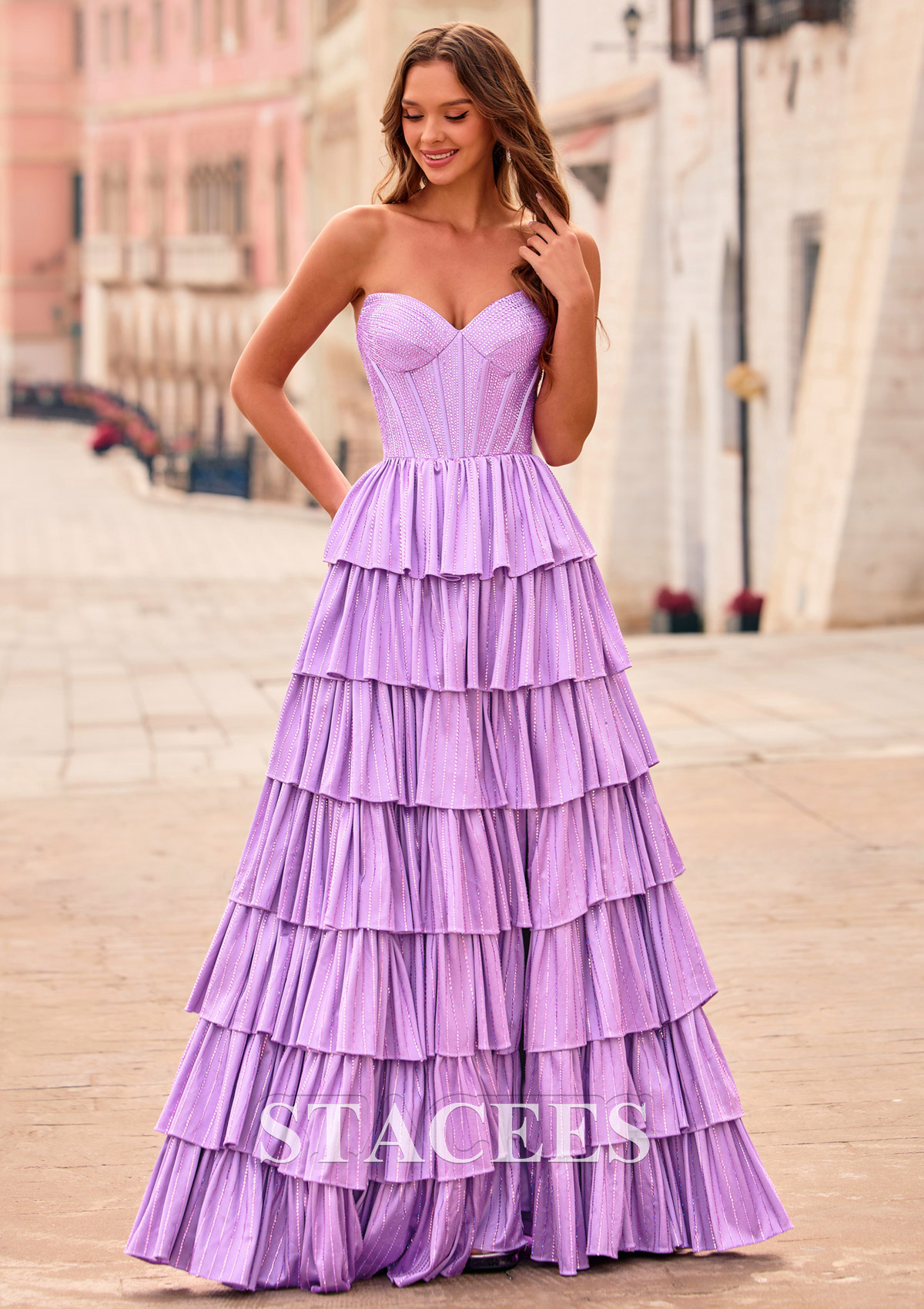 Lilac A-line Sweetheart Strapless Corset Hot Fix Silk like Satin Prom Dress with Slit - STACEES