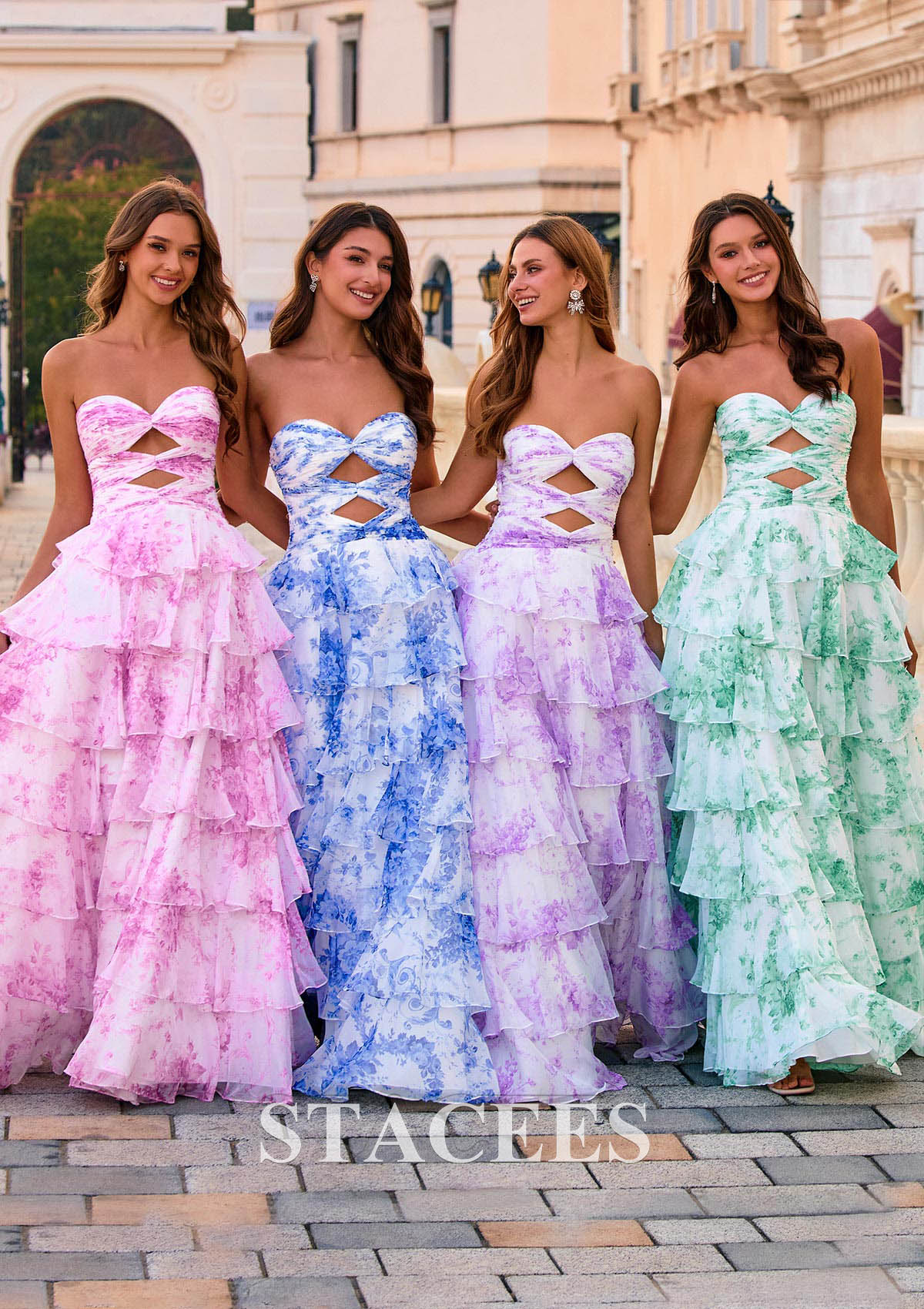 Lavender Floral A-line Strapless Floral Print Tiered Ruffle Prom Dress with Cutout Ruched Corset Bodice - STACEES