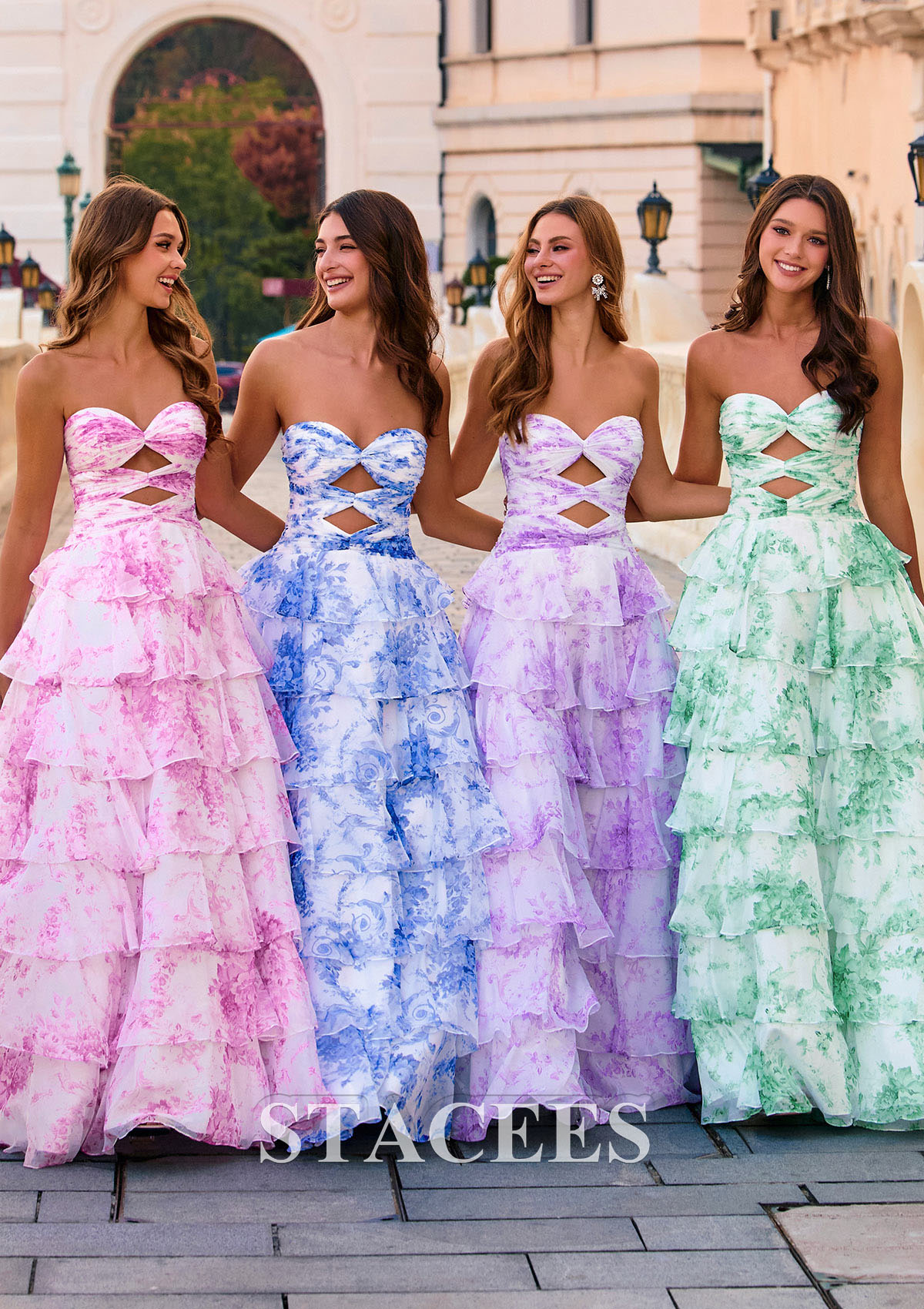 Lavender Floral A-line Strapless Floral Print Tiered Ruffle Prom Dress with Cutout Ruched Corset Bodice - STACEES