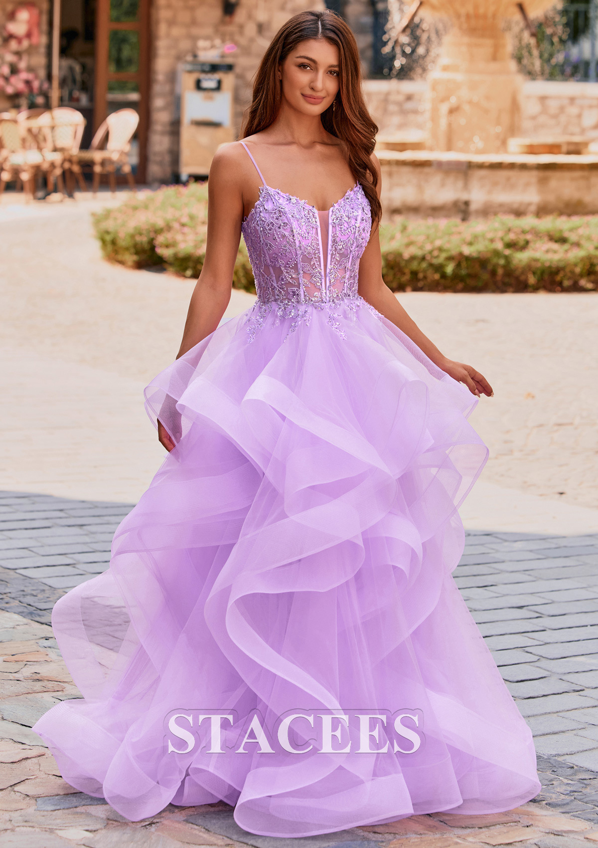 Lilac Ball Gown V Neck Beading Sequins Corset Ruffled Tulle Prom Dress - STACEES
