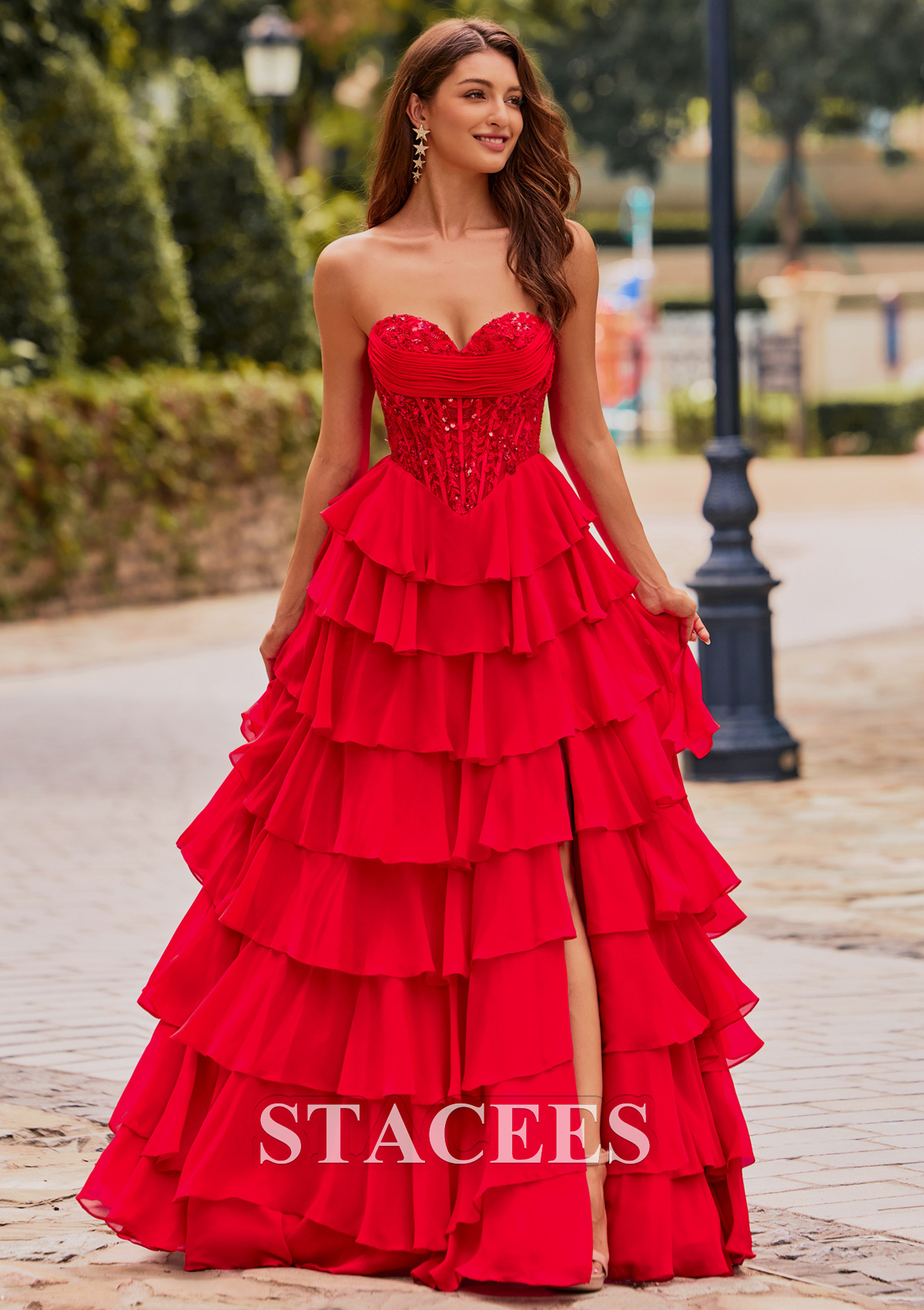 red corset strapless prom dress Stacees 2026 Black Strapless Chiffon Ruffle Prom Dress with Pleated Leaf Lace Corset