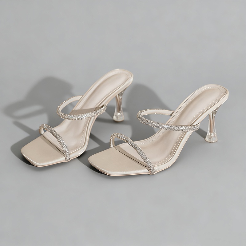Zapatos de moda de punta cuadrada con tacón de aguja de PU con strass