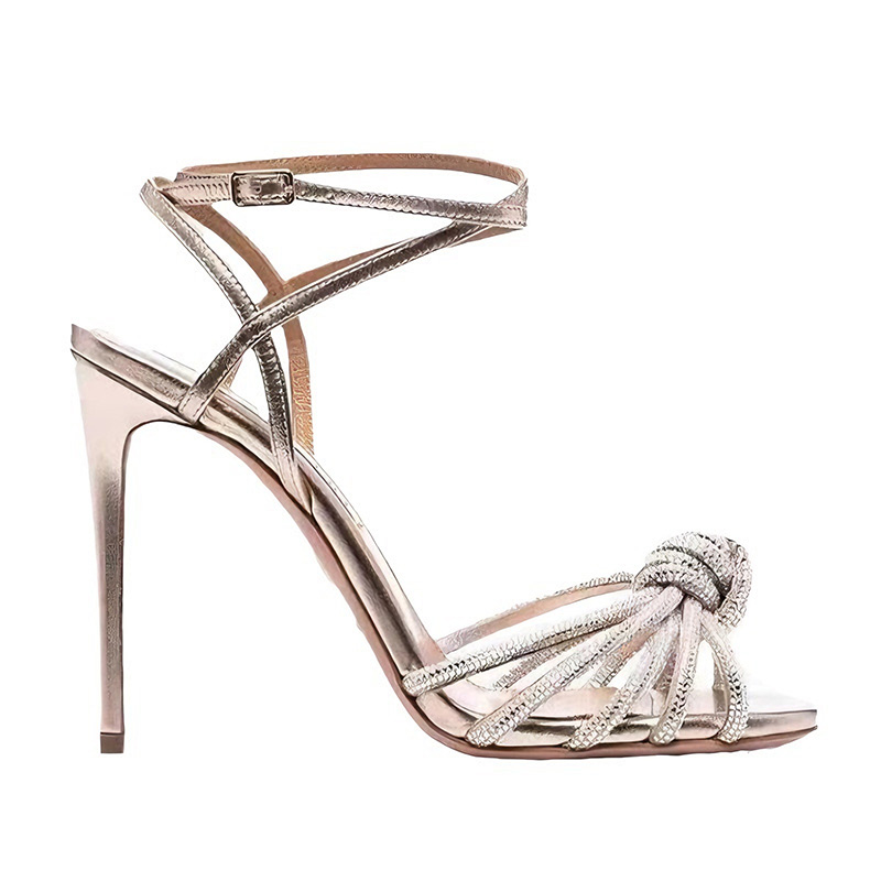 Zapatos de punta abierta con tacón de aguja de cuero de microfibra con tira al tobillo y strass