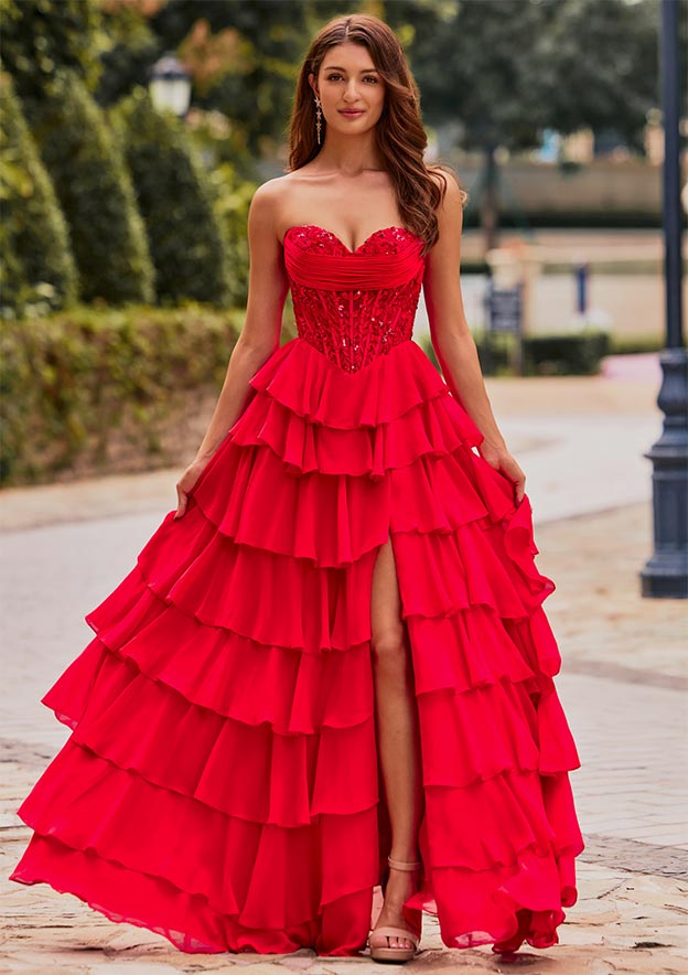 Strapless Sweetheart Embellished Corset Chiffon Slit Ruffle Prom Dress